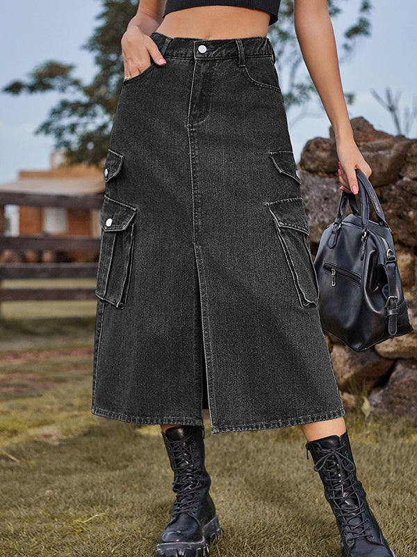 Pockets Split-Front Split-Joint A-Line Loose Denim Skirts