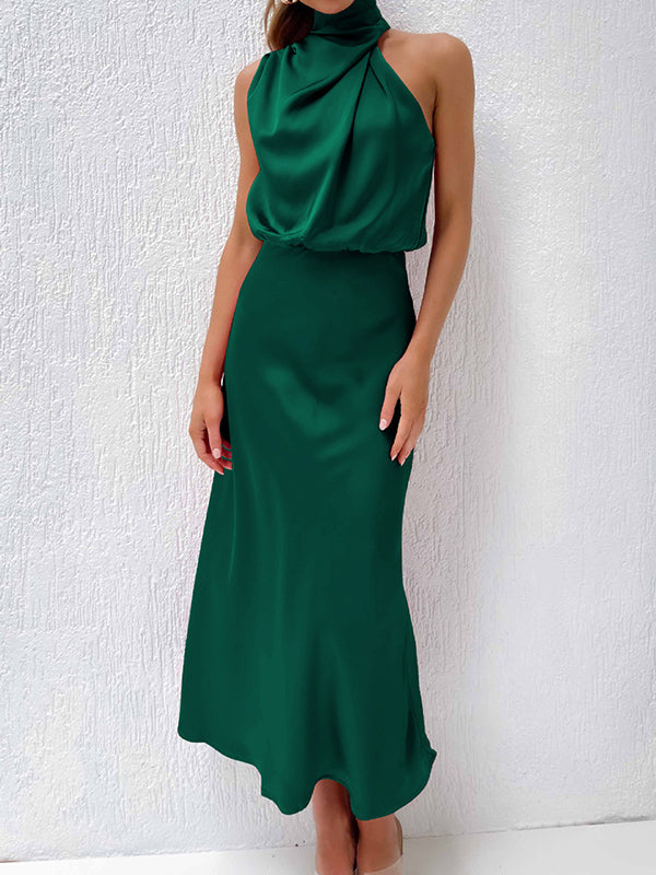 Solid Color Sleeveless Halter-Neck Midi Dresses