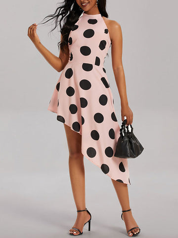 Asymmetric Polka-Dot Roomy Sleeveless Halter-Neck Midi Dresses