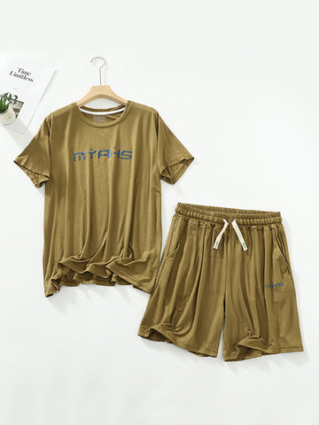 Short Sleeves Loose Round-neck T-shirt Top +Drawstring Elasticity Pleated Shorts Pajama Sets