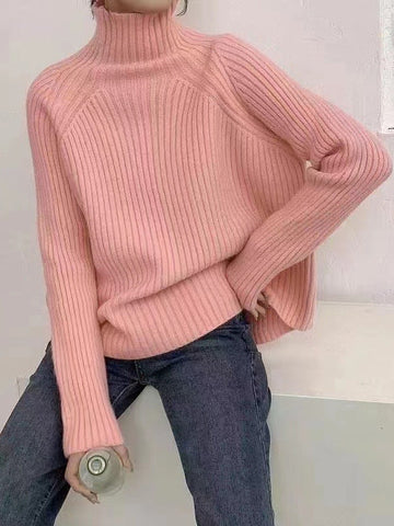 Casual Long Sleeves Loose Solid Color High-Neck Sweater Tops