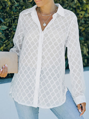 Casual Long Sleeves Loose Buttoned See-Through Solid Color Lapel Collar Blouses&Shirts Tops