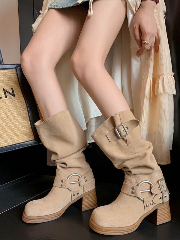 Buckle Round-Toe Split-Joint Velvet Pumps Boots