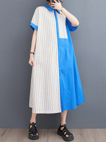 Asymmetric Split-Joint Striped Loose Short Sleeves Lapel Shirt Dress Midi Dresses