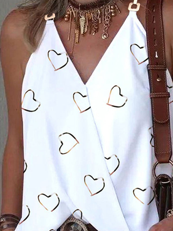 Heart Print Split-Joint Sleeveless V-Neck Vest Top