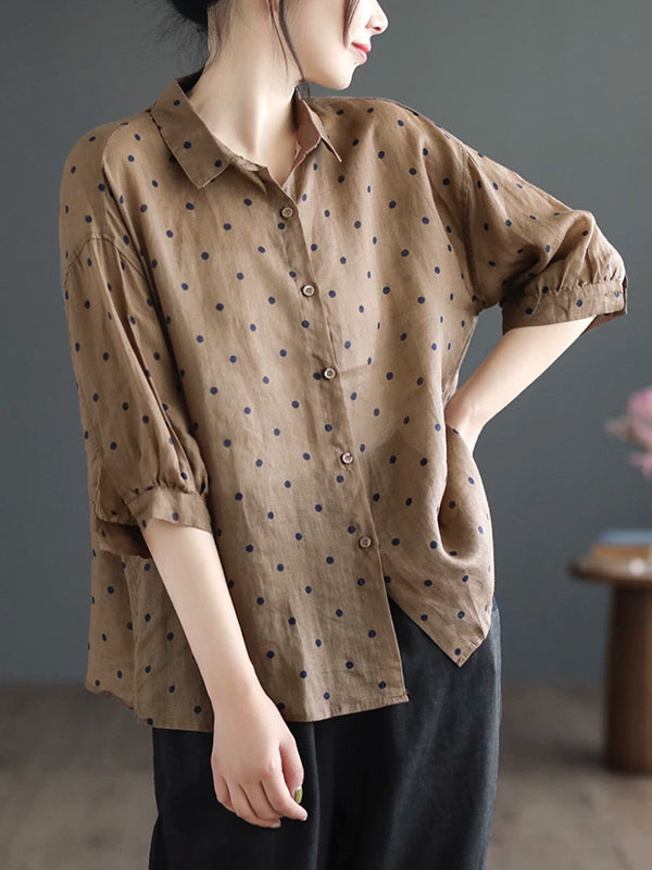 Polka-Dot Half Sleeves Loose Lapel Blouses&shirts Tops