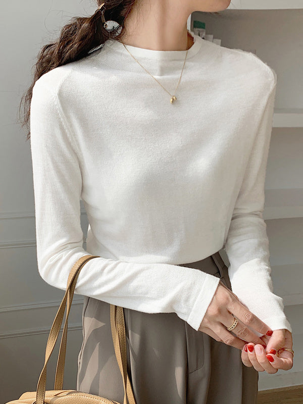 Simple Long Sleeves Skinny Solid Color High-Neck Pullovers