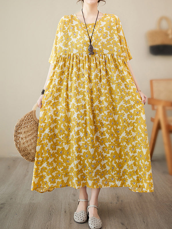 Floral Printed Pleated Split-Joint Loose Raglan Sleeve Round-Neck Midi Dresses