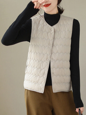 Buttoned Quilted Solid Color Loose Sleeveless Round-Neck Padded Vest