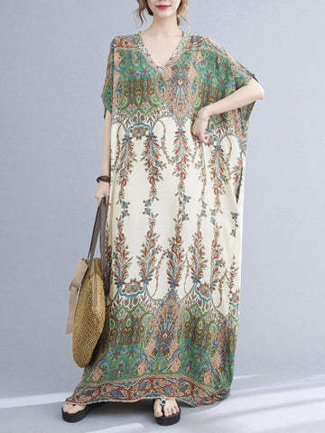 Vintage Floral Printed V-Neck Batwing Sleeves H-Line Maxi Dress