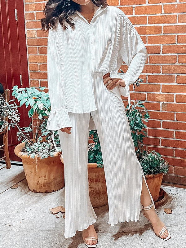 Solid Color Flared Sleeves Long Sleeves Buttoned Drawstring Pleated Split-Side Lapel Shirts Top + Pants Bottom Pajama Sets