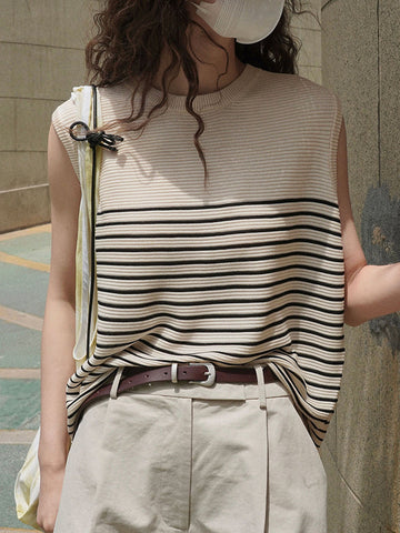 Striped Loose Sleeveless Round-neck Vest Top