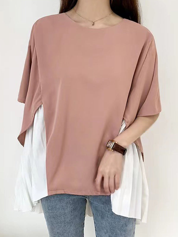 Pleated Split-Joint High-Low Loose Round-Neck T-Shirts Tops