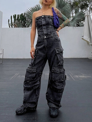 Buttoned Pockets Wide Leg High Waisted Sleeveless Tube Jumpsuits