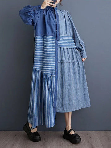 Asymmetric Buttoned Contrast Color Split-Joint Striped Tied Waist High Waisted Long Sleeves Mock Neck Midi Dresses