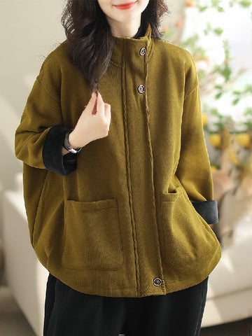 Buttoned Keep Warm Pockets Split-Joint Velvet Zipper Long Sleeves Loose Stand Collar Outerwear