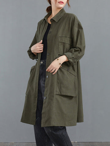 Casual Loose Solid Color Buttoned Lapel Collar Long Sleeves Trench Coat