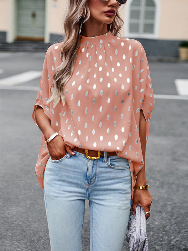 Bandage Polka Dot Loose Round-Neck Blouses&Shirts Tops