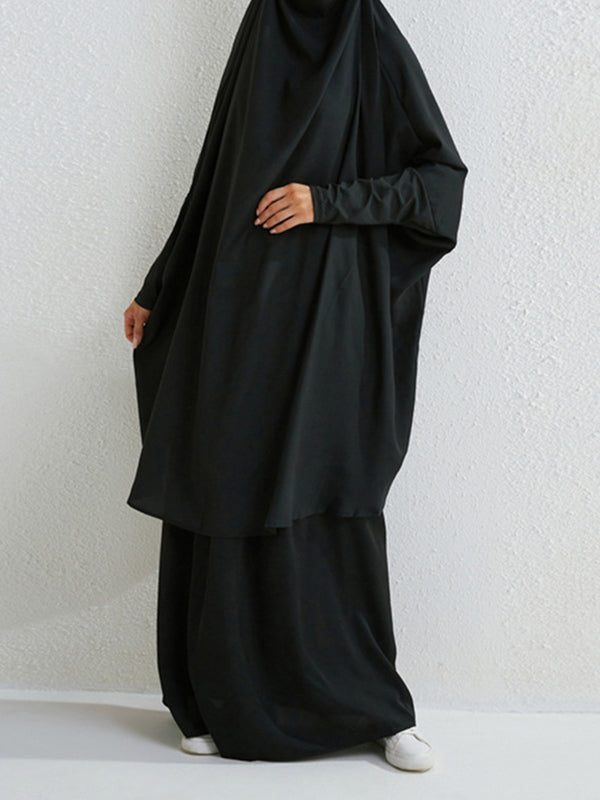 Solid Color Batwing Sleeves Long Sleeves Muslim High Neck Shirts Top + Skirts Bottom Two Pieces Set