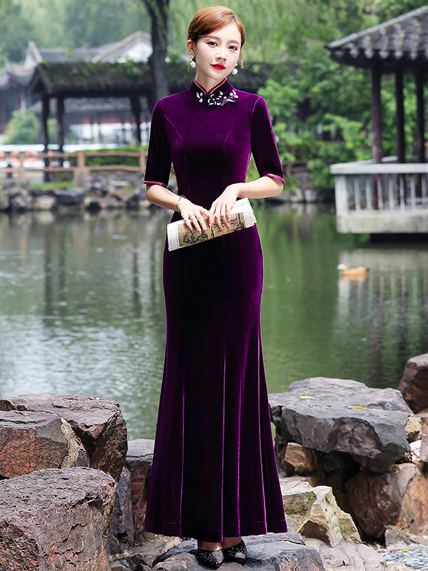 Original Applique Pleuche Stand Collar Half Sleeves Long Cheongsams