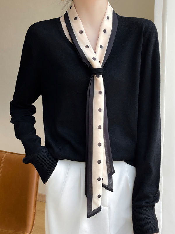 Polka-Dot Ribbon Long Sleeves Loose V-Neck Sweater Tops Pullovers