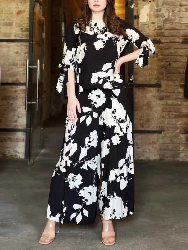 Flower Print Round-Neck T-Shirt&Wide Leg Pants Bottom Two Pieces Set