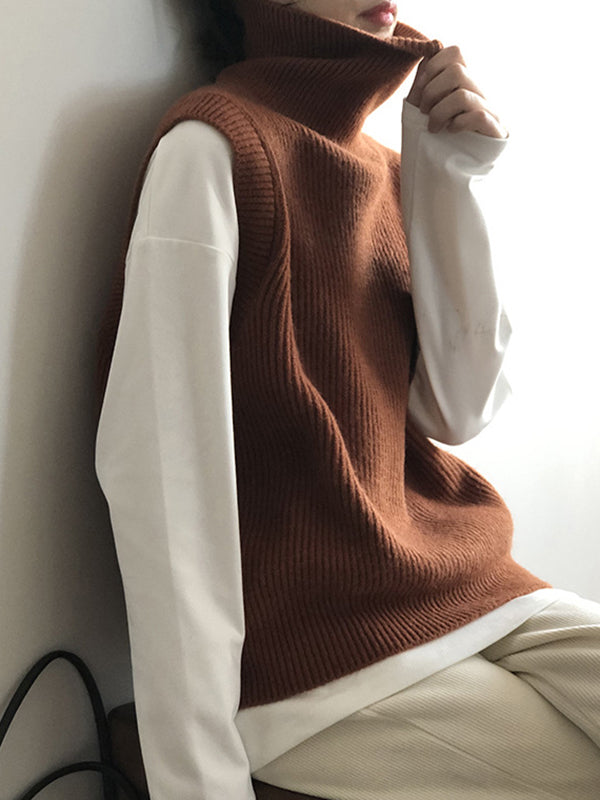 Casual Loose Sleeveless Solid Color High-Neck Sweater Vest Outerwear