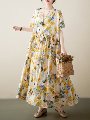 Floral Printed A-line Loose Round-neck Midi Dresses