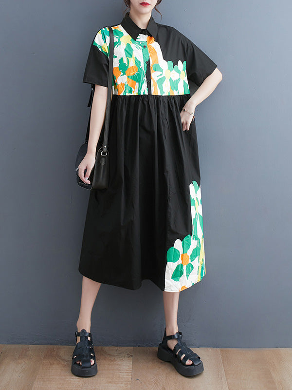 Artistic Retro Loose Short Sleeves Floral Printed Split-Joint Lapel Collar Midi Dresses