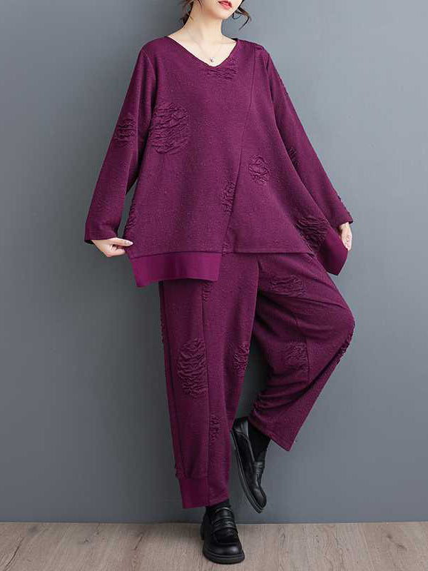 Split-Joint V-Neck Long Sleeves Asymmetric Solid Color T-Shirts Top + Harem Pants Elasticity Pants Bottom Two Pieces Set