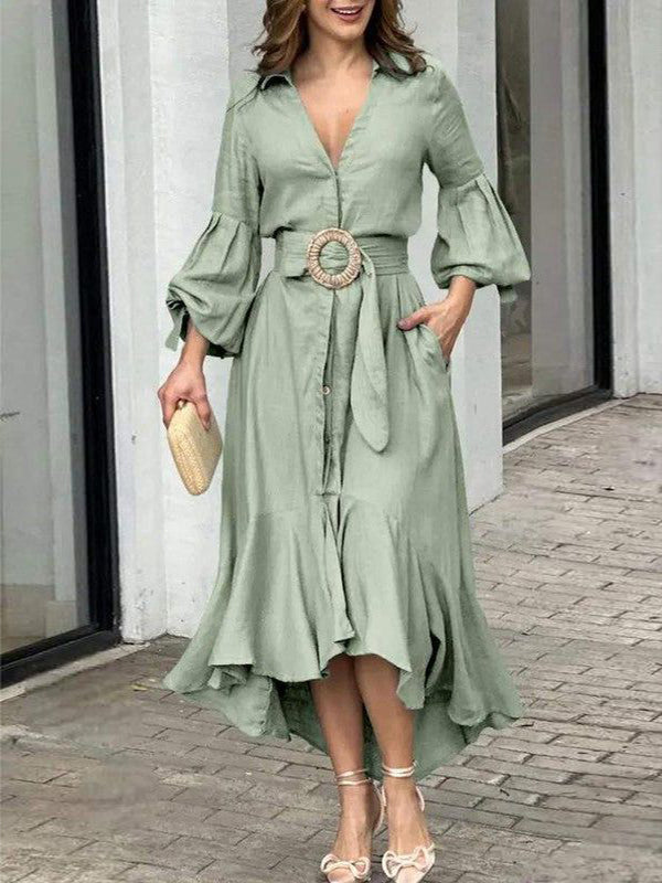 Pleated Solid Color High-Low Puff Sleeves Lapel Collar Maxi Dresses