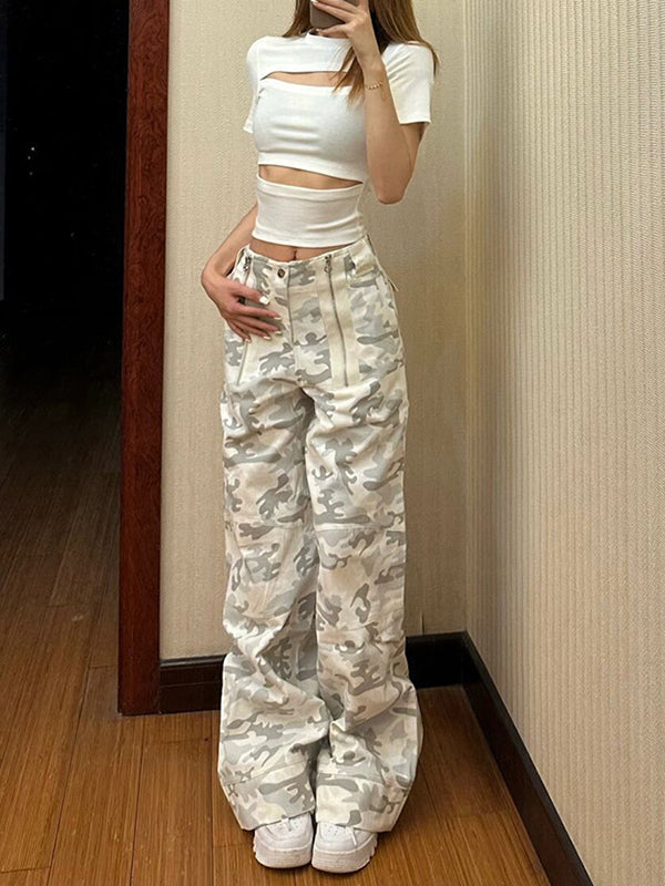 Camouflage High-Waisted Split-Joint Zipper Wide Leg Trousers Pants