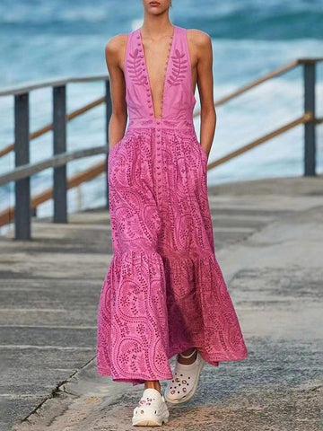 Buttoned Crochet Embroidered Hollow Solid Color Zipper High Waisted Sleeveless Deep V-Neck Maxi Dresses