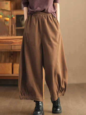 Drawstring Elasticity Pleated Solid Color High Waisted Loose Trousers Pants