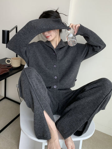 Urban Loose  Solid Color Cardigan Tops & Wide Leg Split-Front Pants Suits