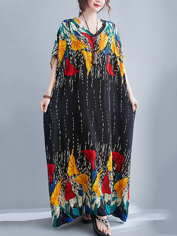 Ethnic Printed Vintage Super Loose Batwing Sleeve Dress