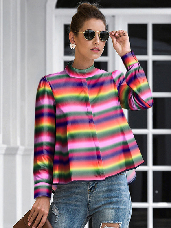 Buttoned Multi-Colored Printed Long Sleeves Mock Neck Blouses&Shirts Tops