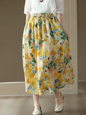 Drawstring Elasticity Floral Printed Loose Skirts