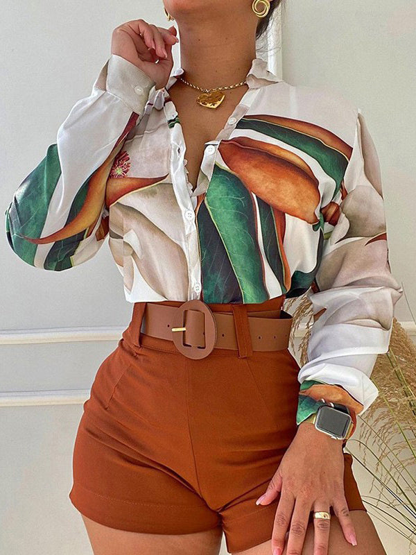 Print Long Sleeves Buttoned  Deep V-Neck Shirts Top +Belted Shorts Bottom Two Pieces Set