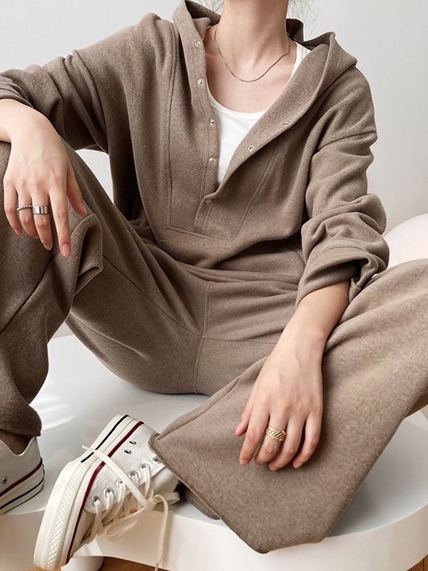 Loose Long Sleeves Split-Joint Hoodies + Elasticity Solid Color Pants Trousers Two Pieces Set