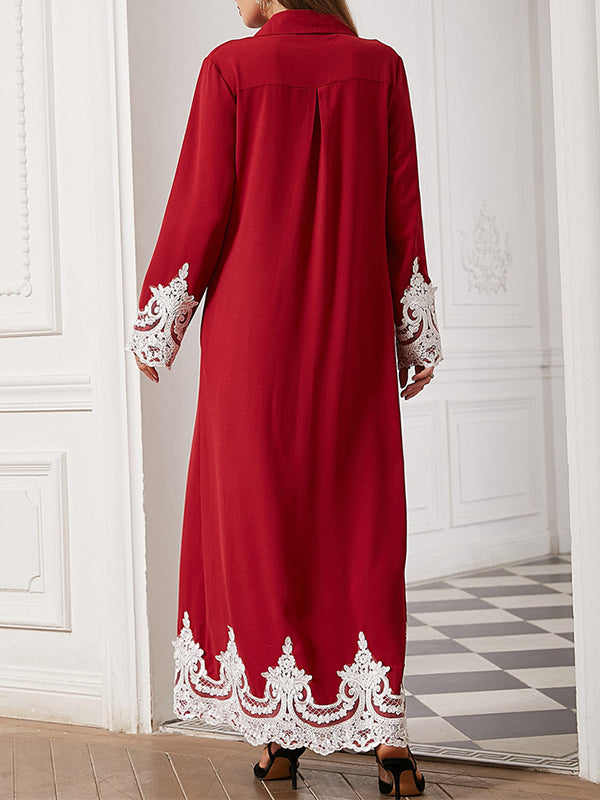 Buttoned Embroidered Long Sleeves Loose Lapel Maxi Dresses