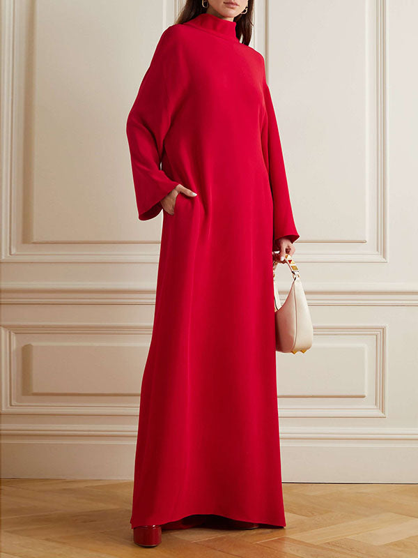 Long Sleeves Hollow Pockets Solid Color High-Neck Evening Dresses