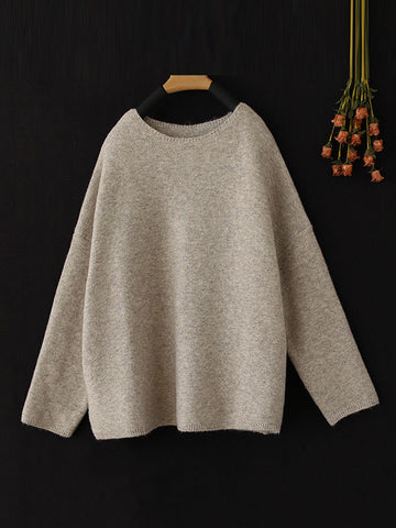 Simple Long Sleeves Loose Solid Color Round-Neck Sweater Tops