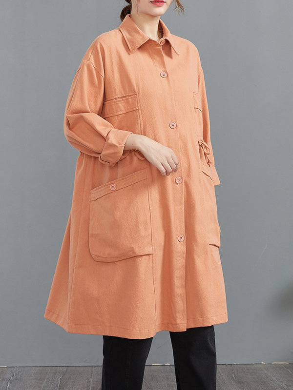 Casual Loose Solid Color Buttoned Lapel Collar Long Sleeves Trench Coat