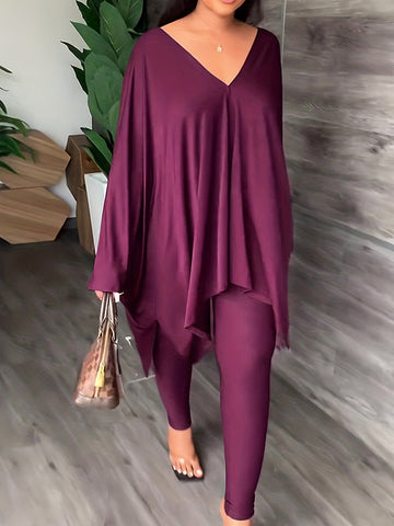 Batwing Sleeves Loose Solid Color V-Back V-Neck Shirts Tops&Pants Two Pieces Set