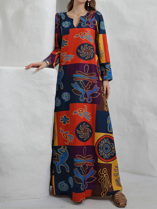 Color-Block Printed Long Sleeves Loose V-Neck Maxi Dresses