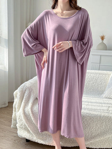 Solid Color Split-Joint High Waisted Loose Round-Neck Pajama Dress