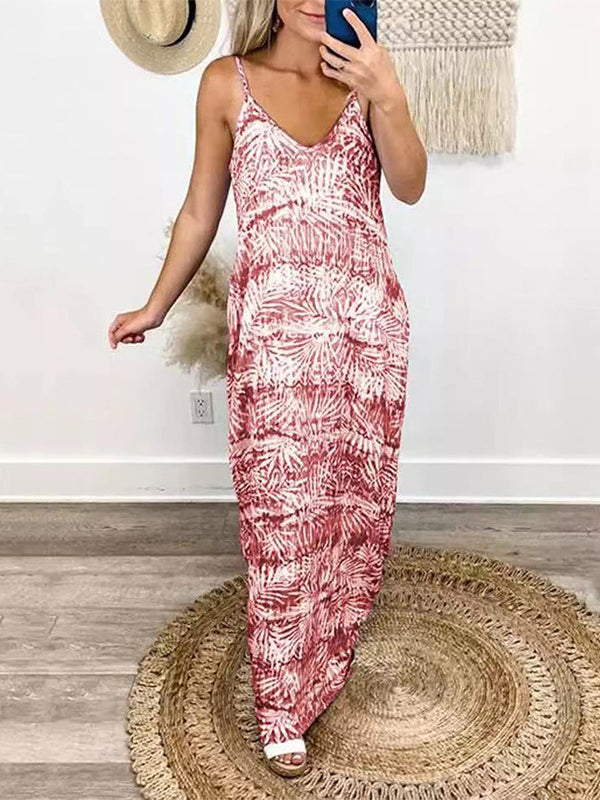 Stamped Roomy Plus Size Spaghetti-Neck Maxi Dresses