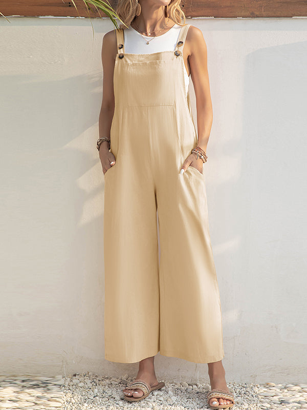 Solid Color Loose Wide Leg Square-Neck Overalls