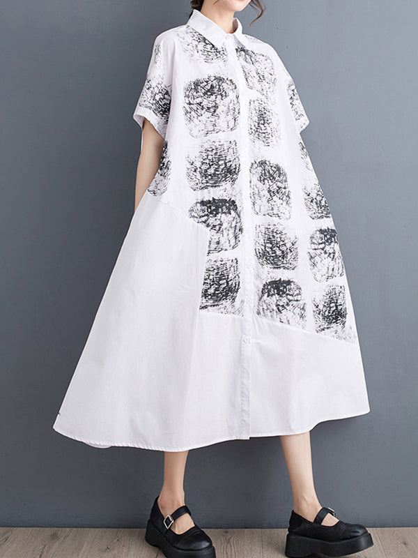 Abstract Printed Loose Short Sleeves Lapel Shirt Dress Midi Dresses